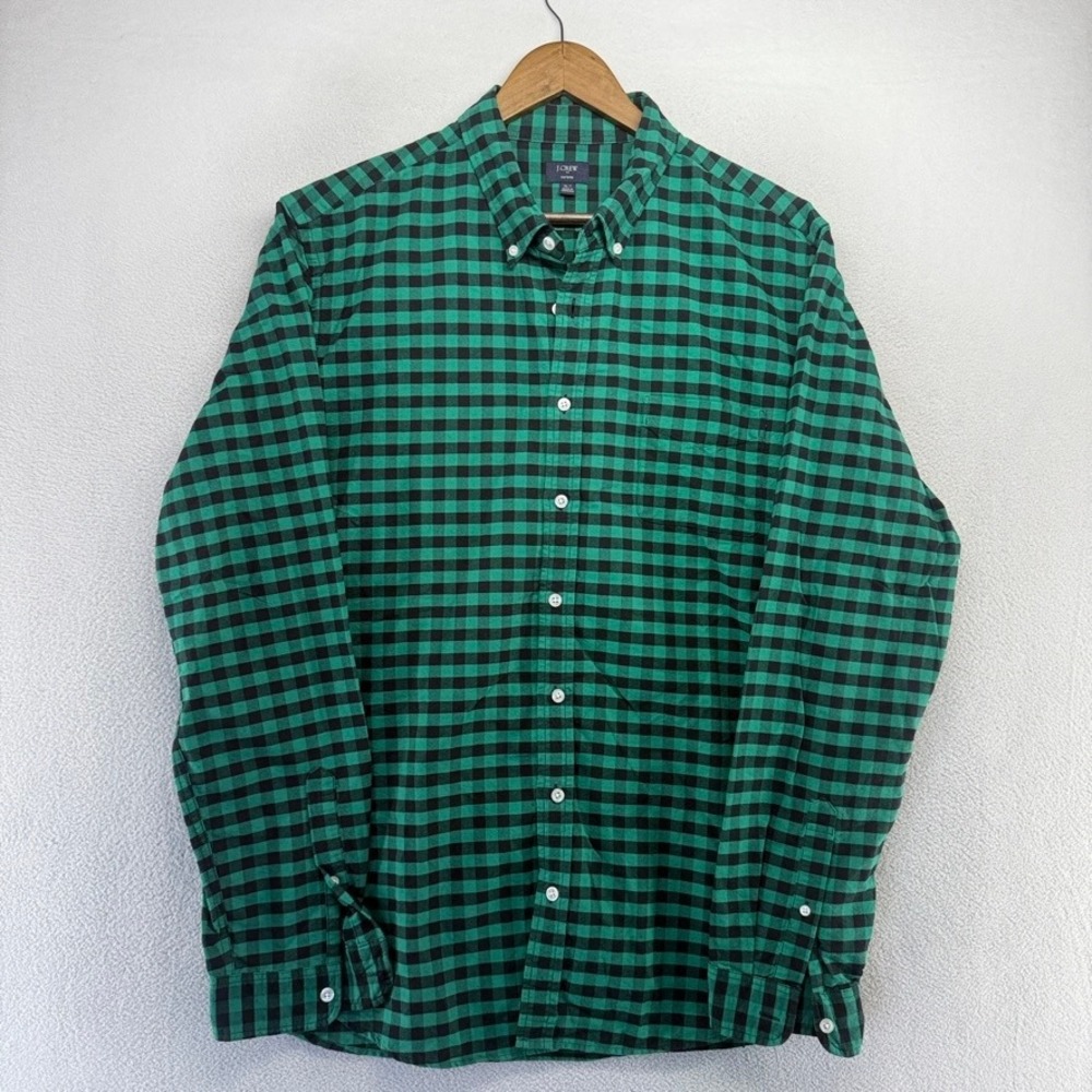 J.Crew Button Down Shirt Mens XL Tall Green Black Oxford Gingham Plaid OCBD Ivy - Picture 2 of 7